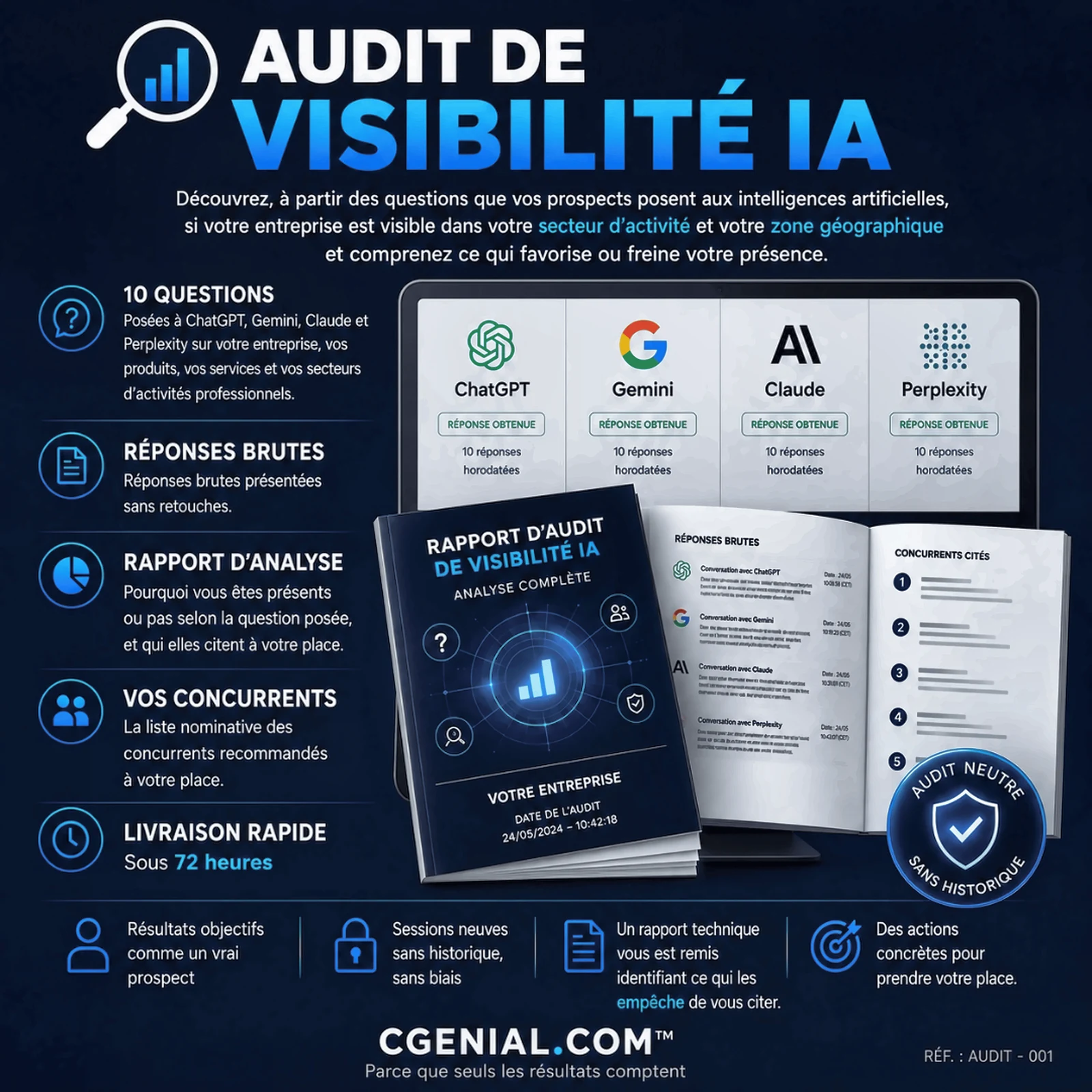 Audit de Visibilité IA : dix questions posées à ChatGPT, Gemini, Claude et Perplexity, les quarante réponses brutes horodatées, le rapport d'analyse, la liste des concurrents cités à votre place, et la livraison sous 72 heures.
