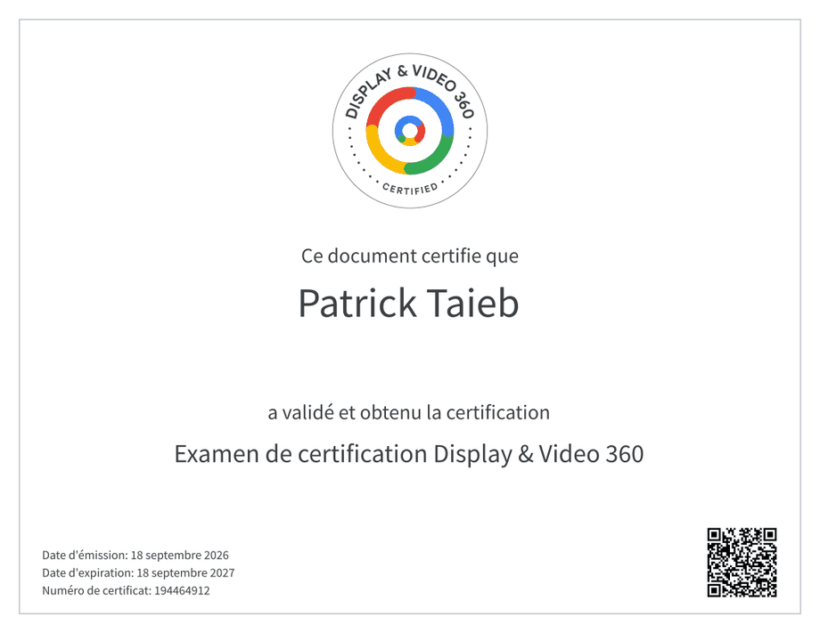 Certificat Examen de certification Display and Video 360 délivré à Patrick Taieb, numéro 194464912
