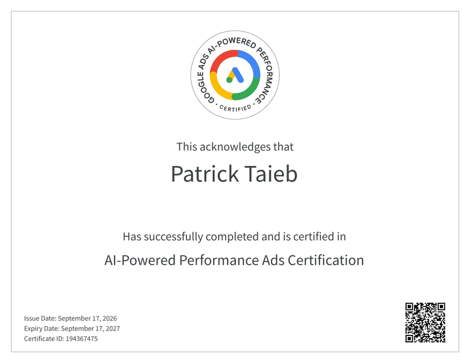 Certificat AI-Powered Performance Ads Certification délivré à Patrick Taieb, numéro 194367475
