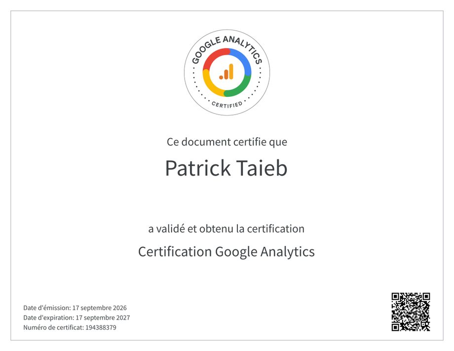 Certificat Certification Google Analytics délivré à Patrick Taieb, numéro 194388379